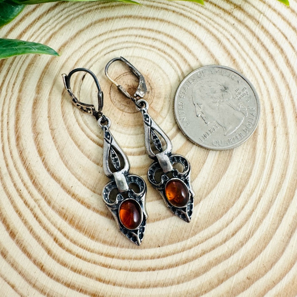 Sterling Silver Baltic Amber Earrings Leverbacks 925 - Picture 2 of 3